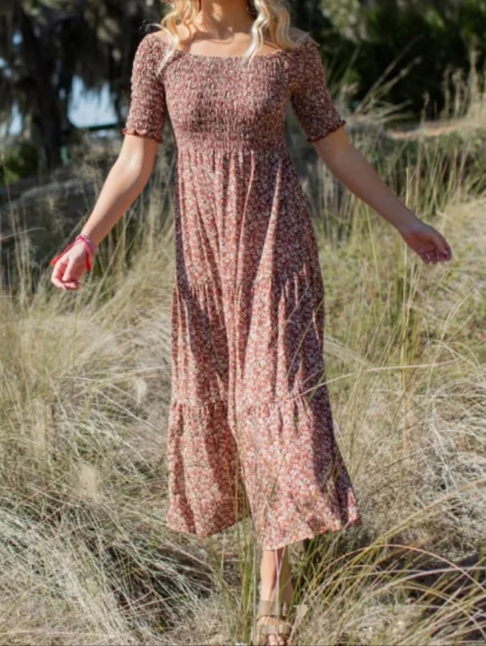 Natural Life | Floral Tiered Smocked Midi Long Dress Off The Shoulder Large / XL - Picture 2 of 7
